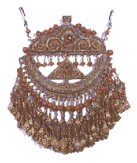 Uk-yoy.  Cervical adornment. Khorezm. The 19th century. Silver, coral, turquoise, glass. Stamping, filigree, gilding.