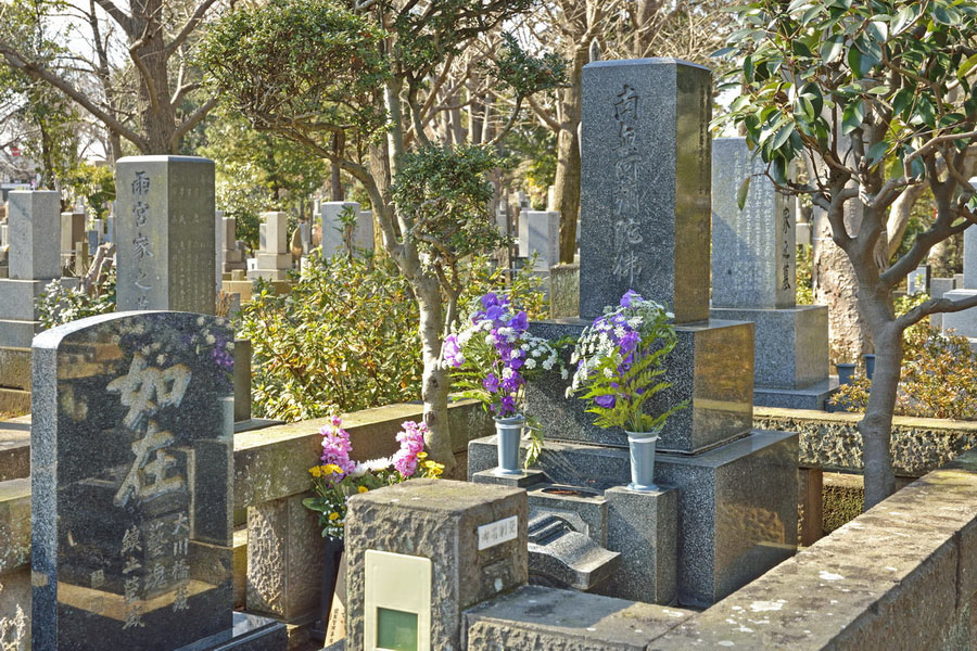 Traditional Japanese Tombstones on Graveyard