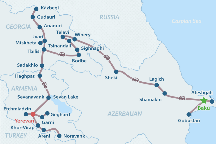16-tägige Kaukasus Gruppenreise 2026-2027- auf Englisch Reiseroutenkarte