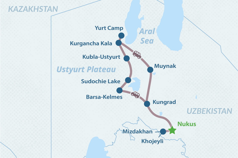 3-day Aral Sea and Barsa-Kelmes Tour Map