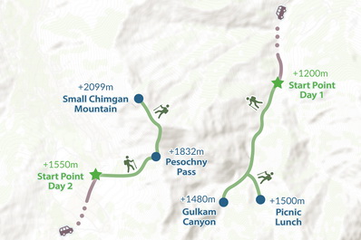 Gulkam Canyon and Small Chimgan Mountain: 2-day Tour Map